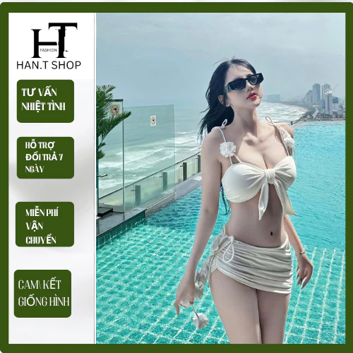 [Ms 064] set Bikini đi biển 3 mảnh bra phối nơ , CHÂN VÁY KÈM DÂY BÔNG, mẫu bikini gợi cảm HAN.T Shop