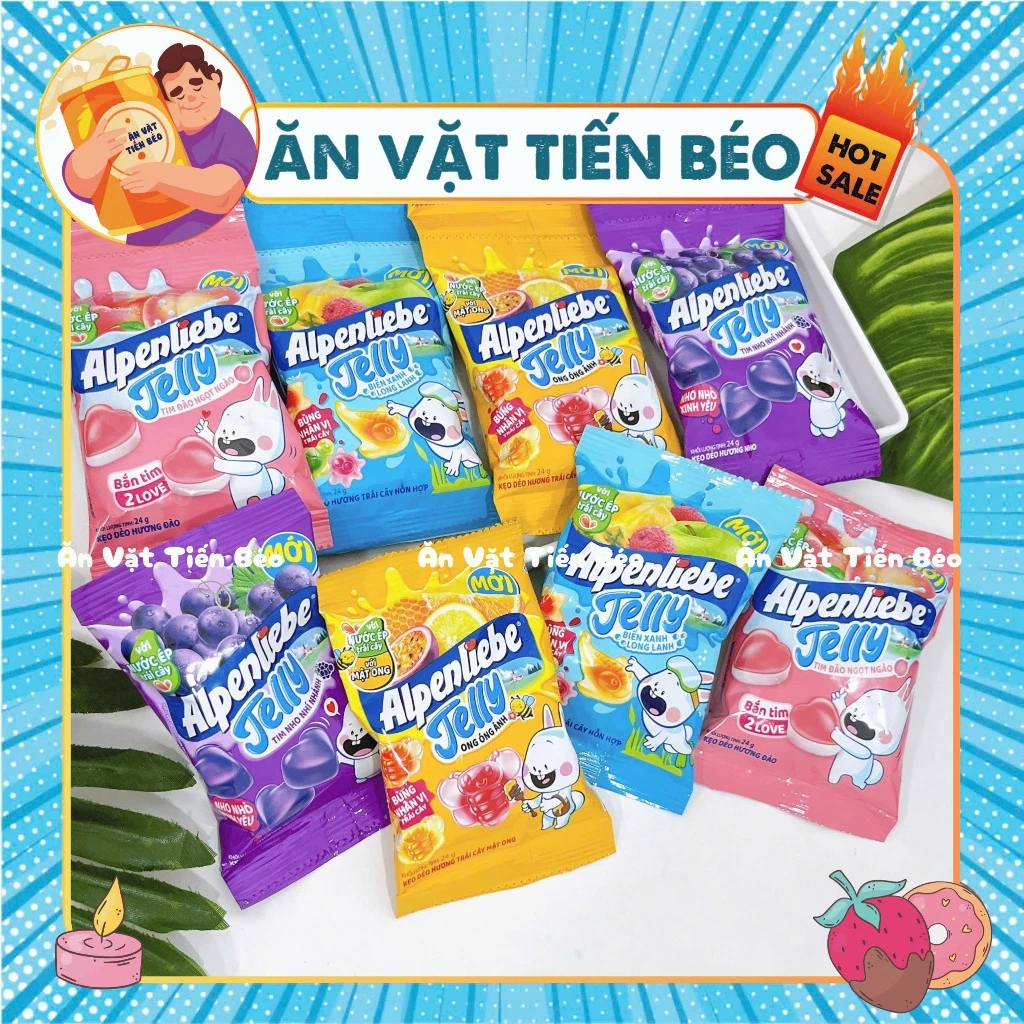 [5 GÓI] Kẹo Dẻo Nhân Trái Cây Alpenliebe Jelly Biển Xanh,Đào Tim,Ong óng ánh 24G, đồ ăn vặt