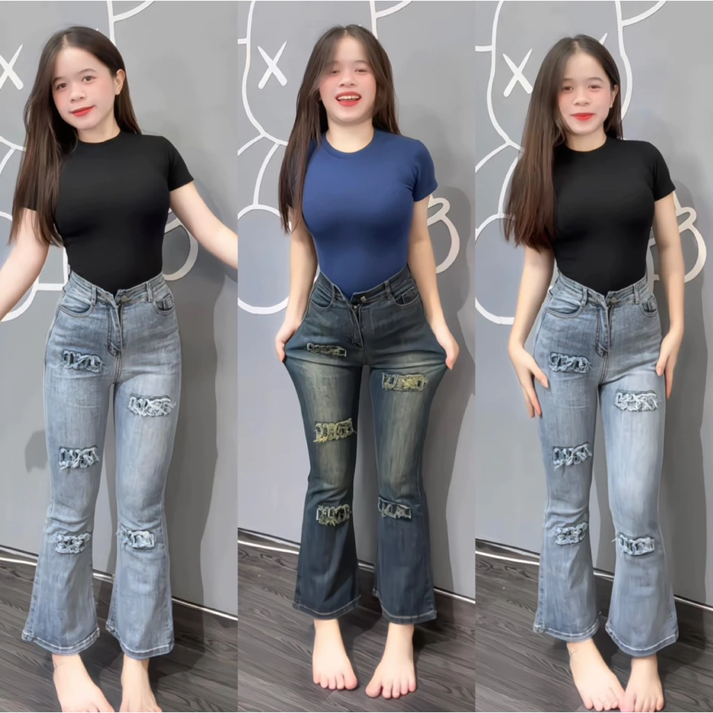 (90cm) Quần Jean Nữ Ống Loe Trơn Thêu Nơ ,  Đủ Size S/M/L ( 6057 L01 - quần loe lỡ ) 6057