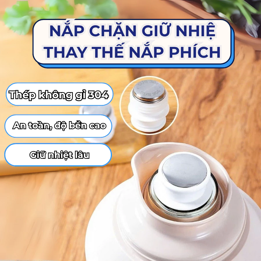 Nắp Phích Thay Thế Bằng Inox 304 Cao Cấp,  Van Silicone Chống Rò Rỉ, Giữ Nhiệt Tối Đa – Tương Thích Nhiều Loại Bình