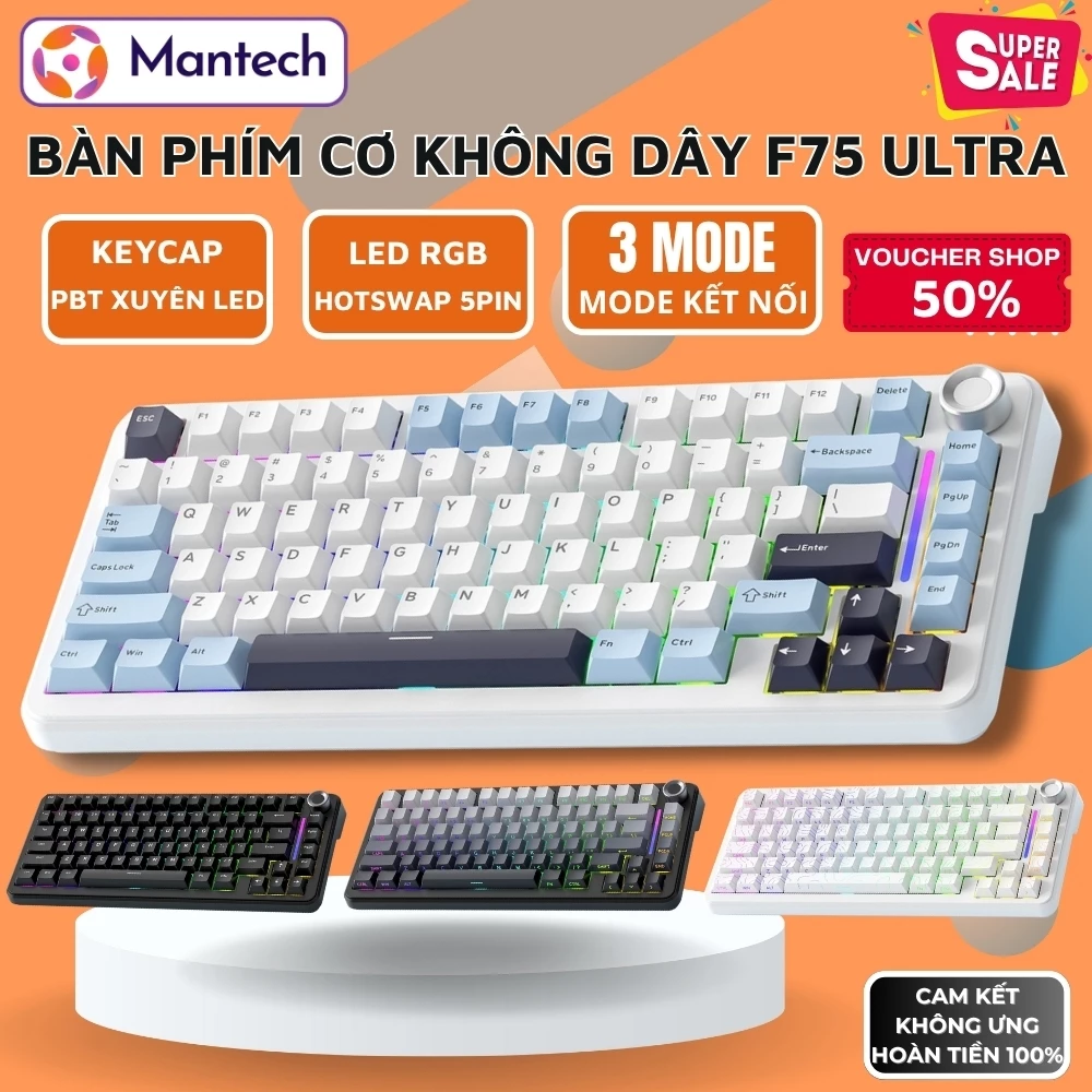 Bàn Phím Cơ Gaming FreeWolf F75 Ultra - 75% Layout, Hot-Swap, LED RGB, 3 Chế Độ Kết Nối, Pin 4000mAh