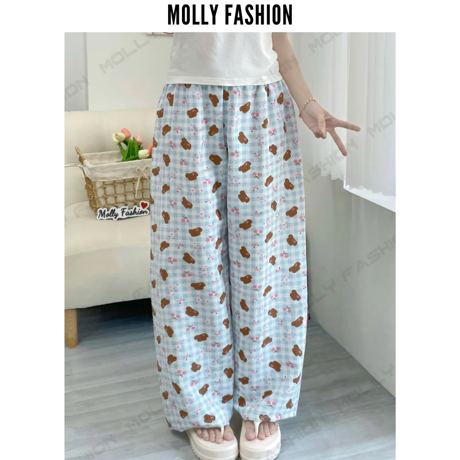 Quần dài nữ MOLLY FASHION cotton hàn GEMINI form rộng 40-68kg | quần ngủ ống rộng thoáng mát