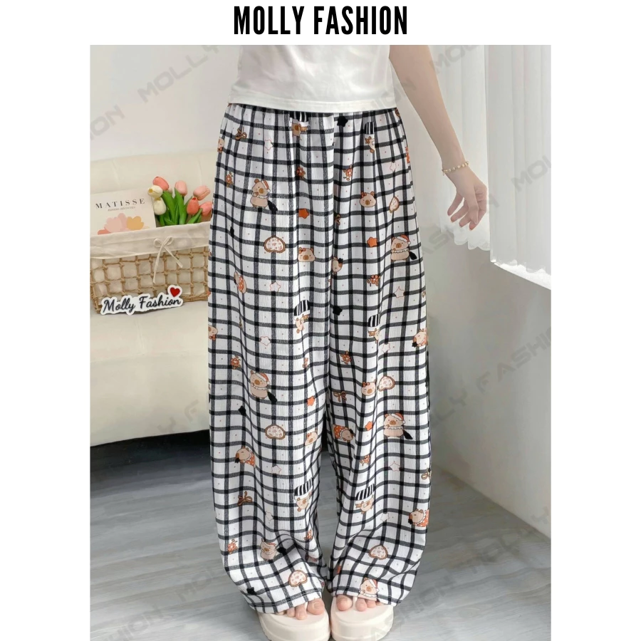 Quần dài nữ đũi xốp CHECKER form rộng 40-68kg | Ống rộng thoáng mát quần ngủ họa tiết Molly Fashion