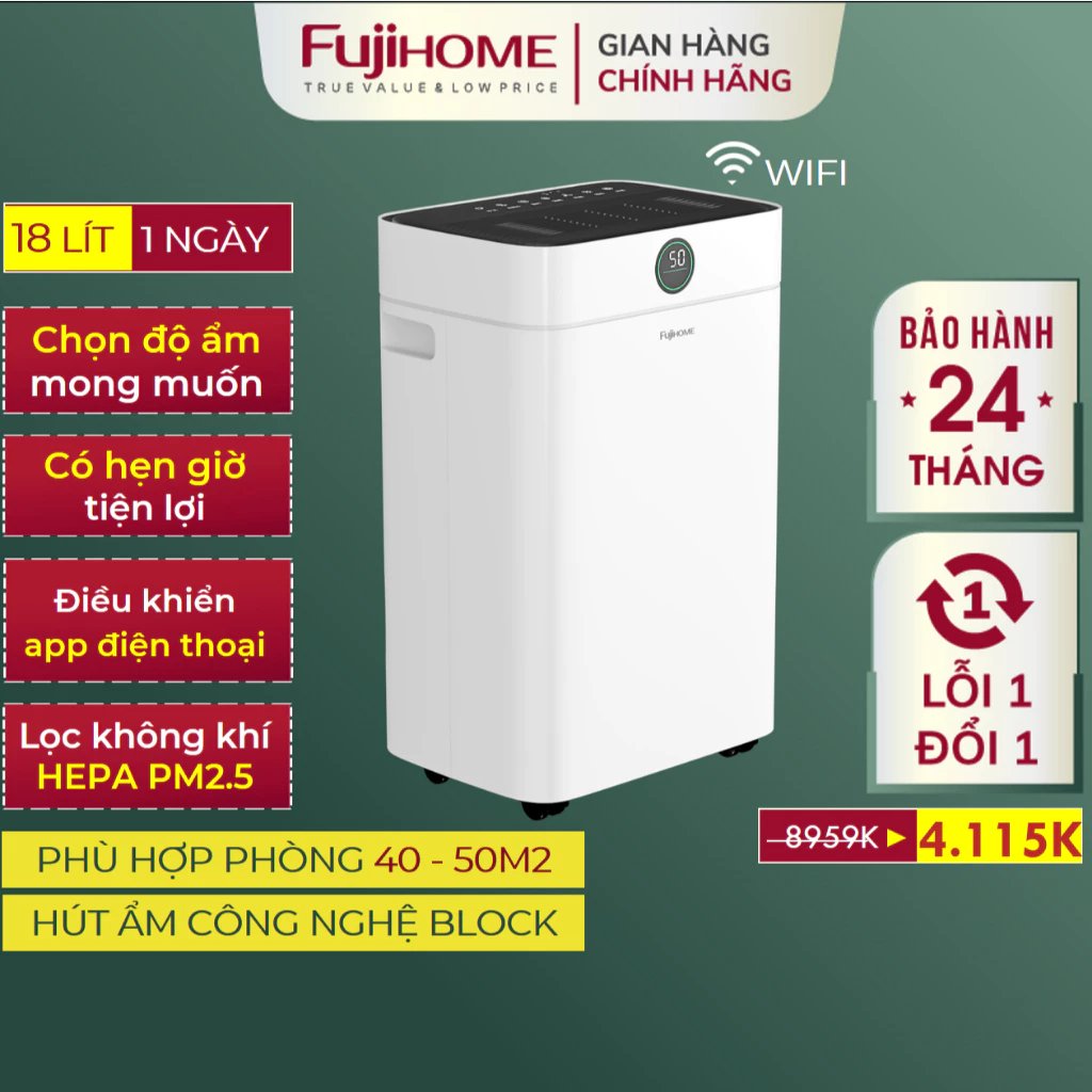 Máy hút ẩm thông minh Nhập Khẩu FUJIHOME DH18W-HEPA, Máy khử ấm lọc không khí điều khiển qua Wifi