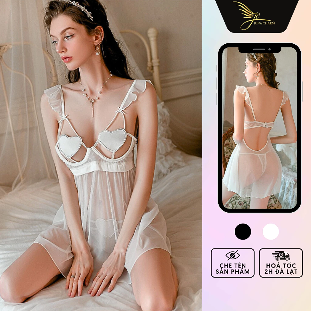 Váy Ngủ Có Gọng Ngực, Đầm Ngủ Xuyên Thấu Sexy JUNA Freesize Thời Trang Đồ Ngủ Nữ, Chất Voan Phối Lụa, Màu Trắng/SP347A