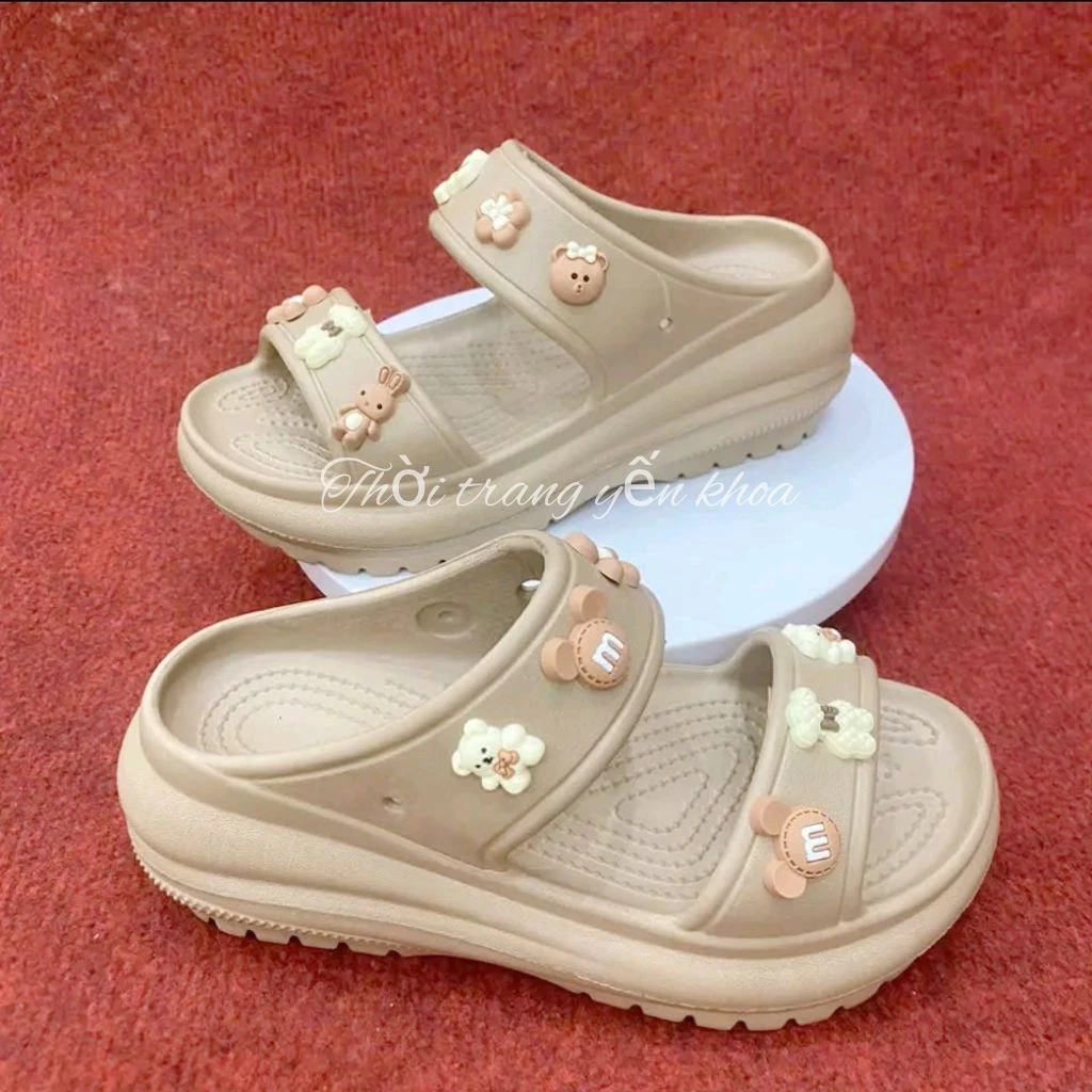 Dép Bánh Mì Nữ 2 Quai Ngang Cao 5 cm Gắn Cham xinh