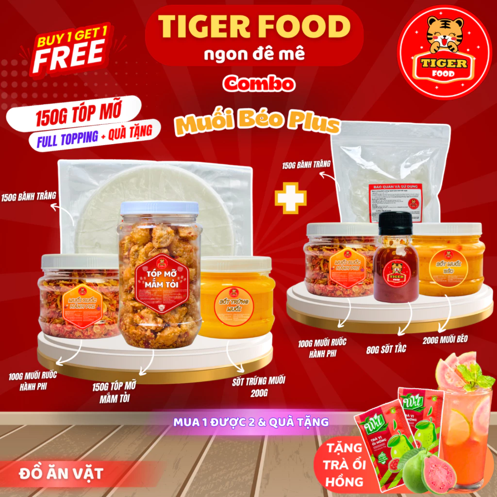 COMBO Muối Béo Plus TIGER FOOD Bánh Tráng Phơi Sương,Muối Ruốc Hành Phi, Muối Béo,Tóp Mỡ, sốt tắc... - Đồ ăn vặt Snack