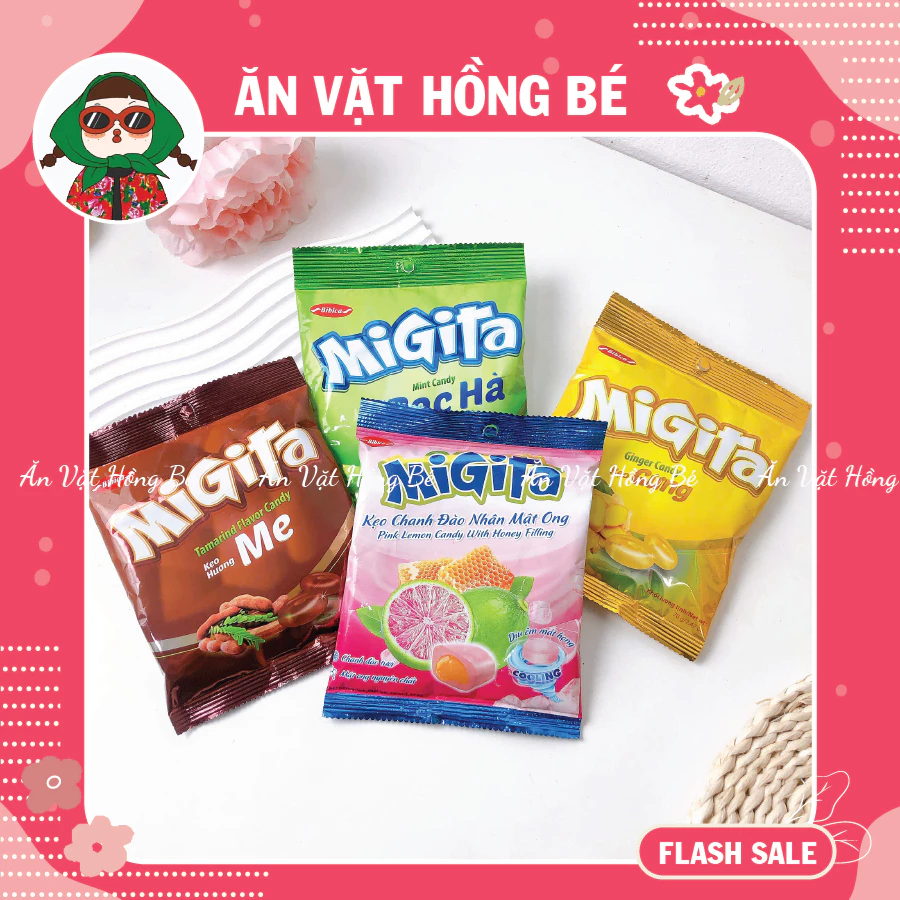 Kẹo ngậm Migita Bibica (vị Gừng, Me, Bạc hà, Chanh Đào Mật Ong) gói 70gr, đồ ăn vặt