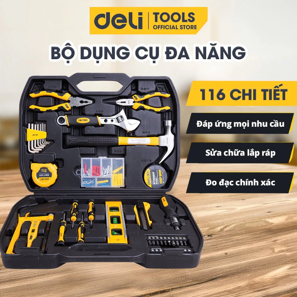 Bộ Dụng Cụ Sửa Chữa 116 Chi Tiết Deli Cao Cấp Hộp thùng đồ nghề đa năng - Công cụ toàn diện