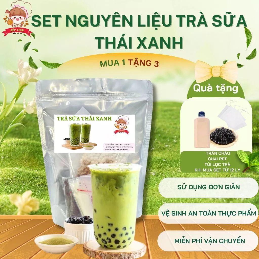 Set nguyên liệu trà sữa thái xanh tự pha - Tặng kèm trân châu, chai pet, túi lọc trà (12-15ly)