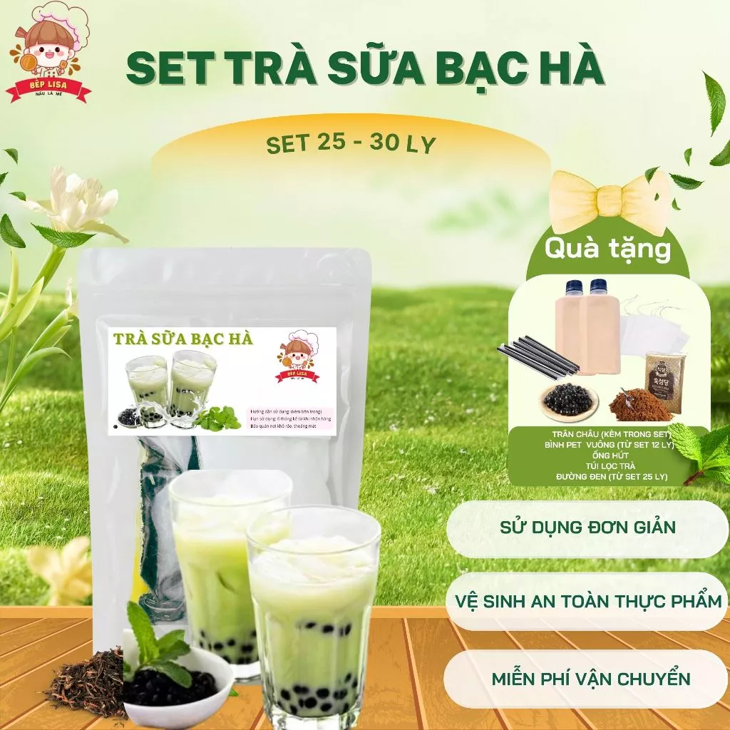 Set trà sữa tự pha vị bạc hà trân châu đen (25-30 ly) tại nhà Bếp Yêu Lisa