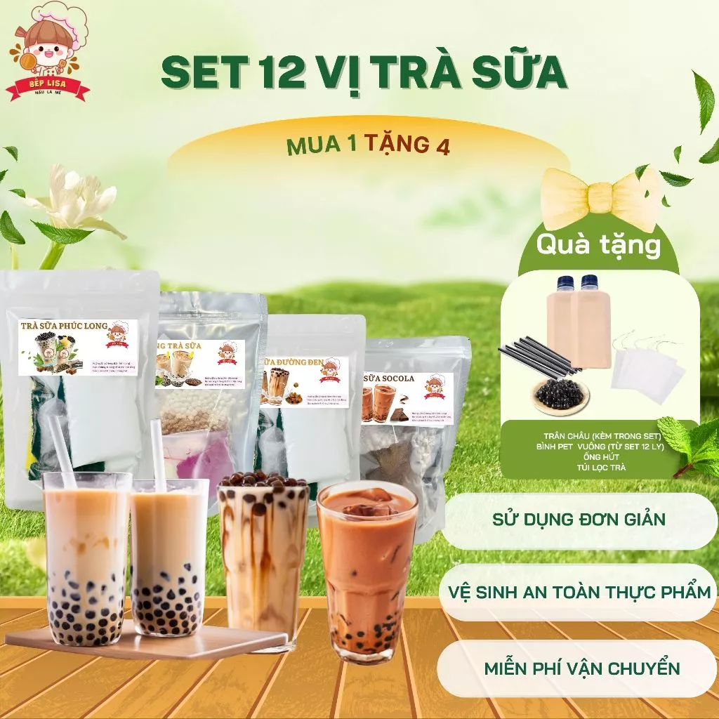 Set trà sữa 12 vị - Tặng kèm trân châu, túi lọc, chai pet, ống hút (12-15ly)
