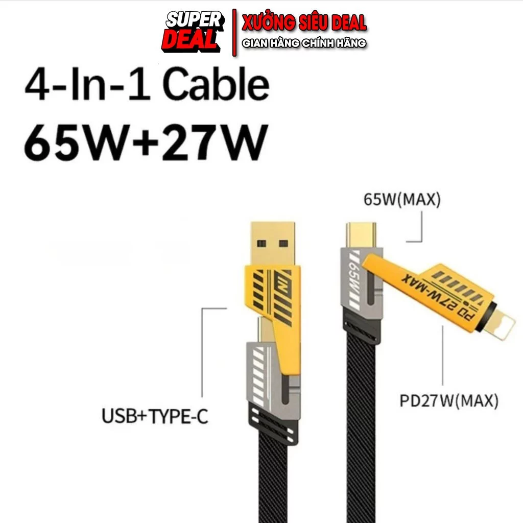 Dây cáp sạc nhanh 27W/65W đa năng bọc dù chống rối, bền bỉ cho điện thoại và laptop XƯỞNG SIÊU DEAL