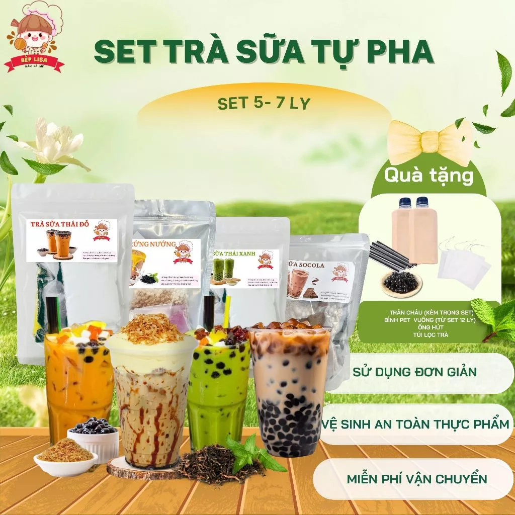 Set trà sữa tự pha nhiều hương vị (5–15 Ly) – Tặng kèm trân châu, ống hút, chai 250ml – Bếp Lisa
