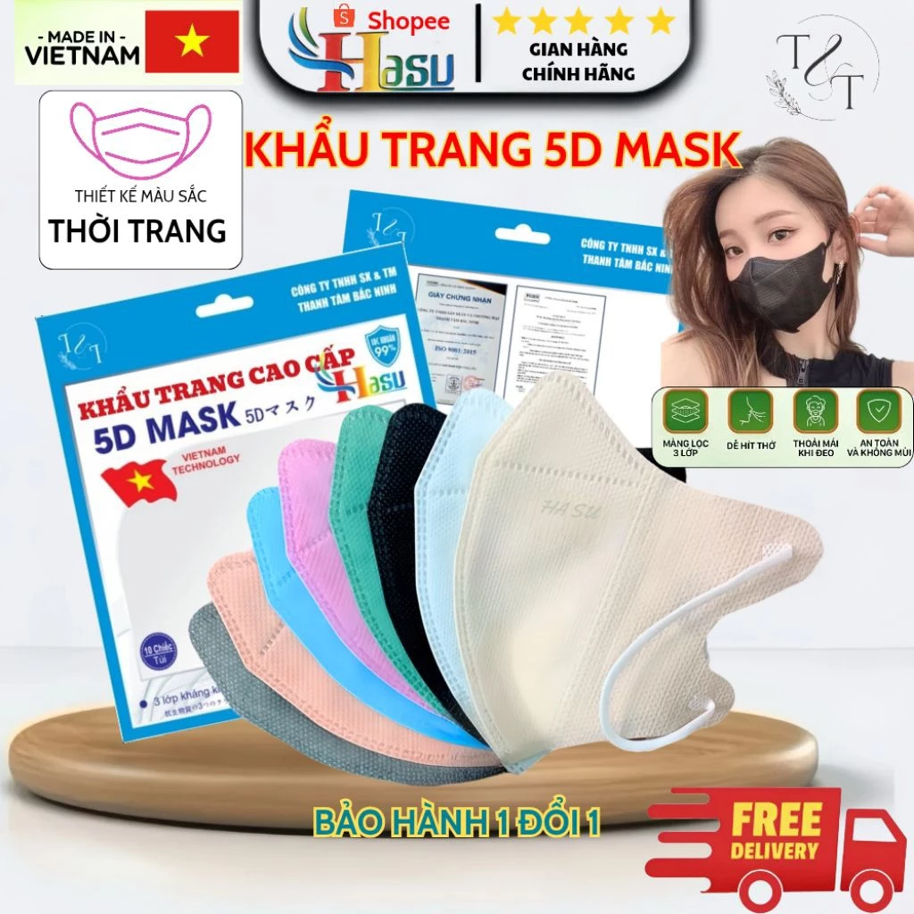 [ Thùng 600-500-300 Chiếc ] Khẩu trang 5D HASU 3 Lớp Kháng Khuẩn Cao Cấp Chính Hãng, Dày Dặn, Chống Tia UV