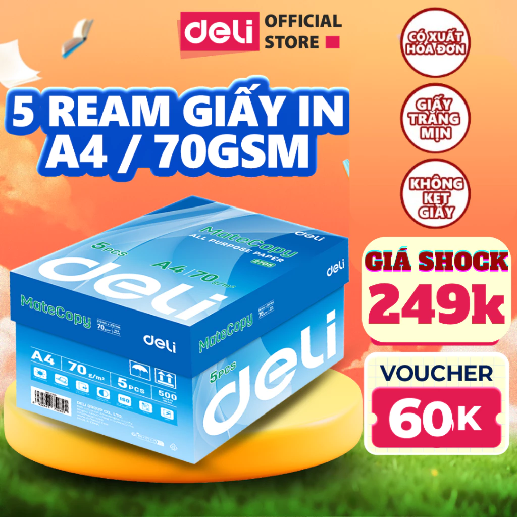 [199K TRÊN LIVE] Thùng 5 Ream Giấy A4 Deli Giấy In Photo Copy 70gsm Chính Hãng Loại Dày Ream 500 Tờ Chống Lóa Giấy Mắt