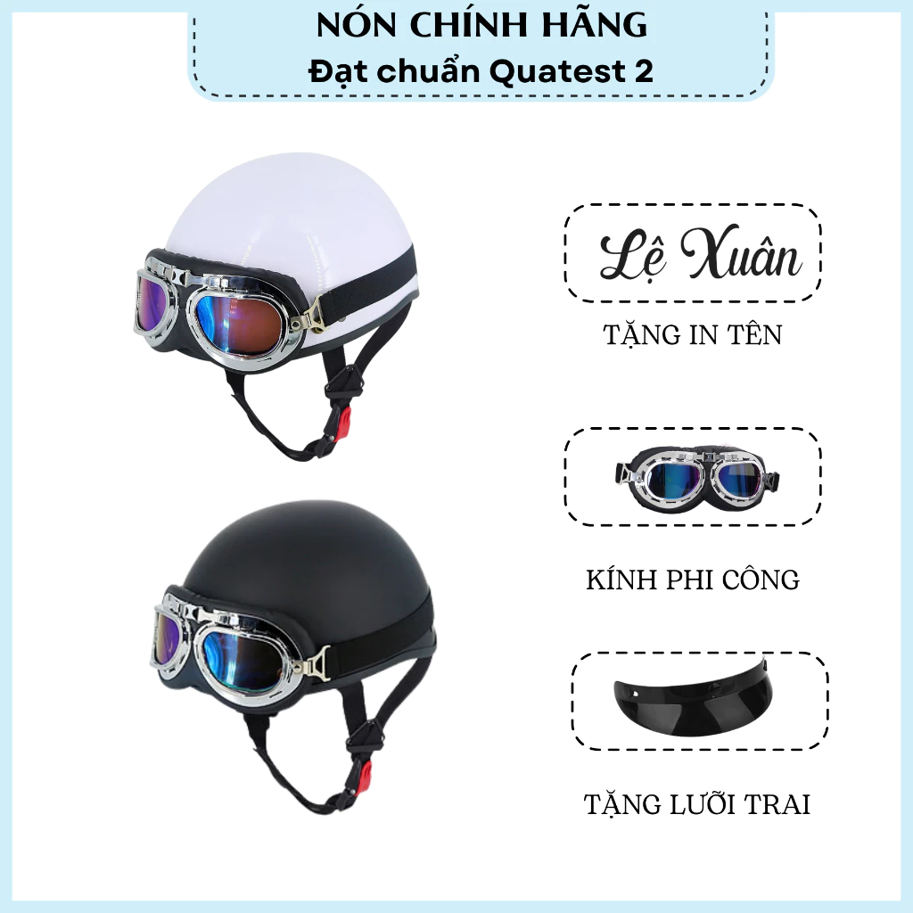 Mũ Bảo Hiểm Nửa Đầu Mũ 1/2 Kính Phi Công TẶNG Tai Mèo 2 Màu - Siêu Cute - Mũ Bảo Hiểm Bonbon