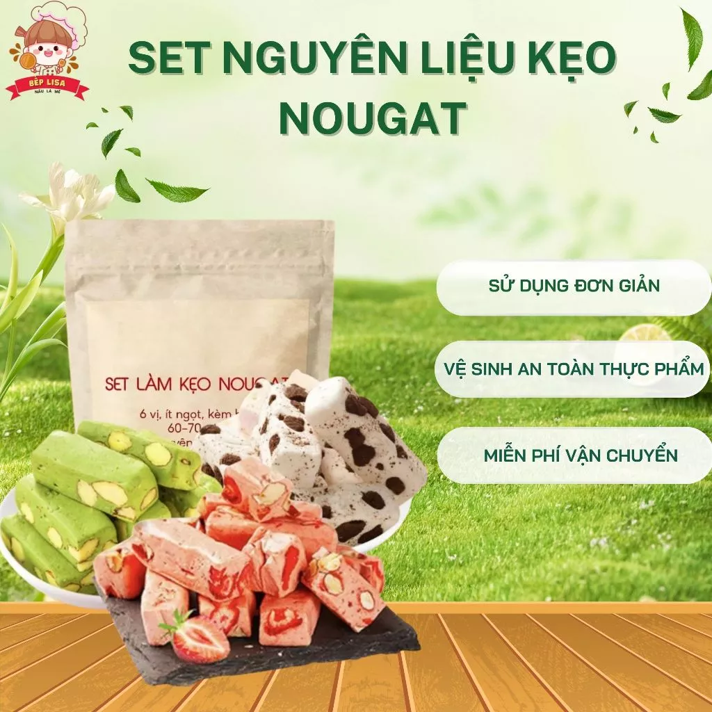 Set nguyên liệu làm kẹo nougat hạnh phúc - Kèm đầy đủ giấy gói kẹo, giấy gạo, giấy nến(Không kèm bơ)