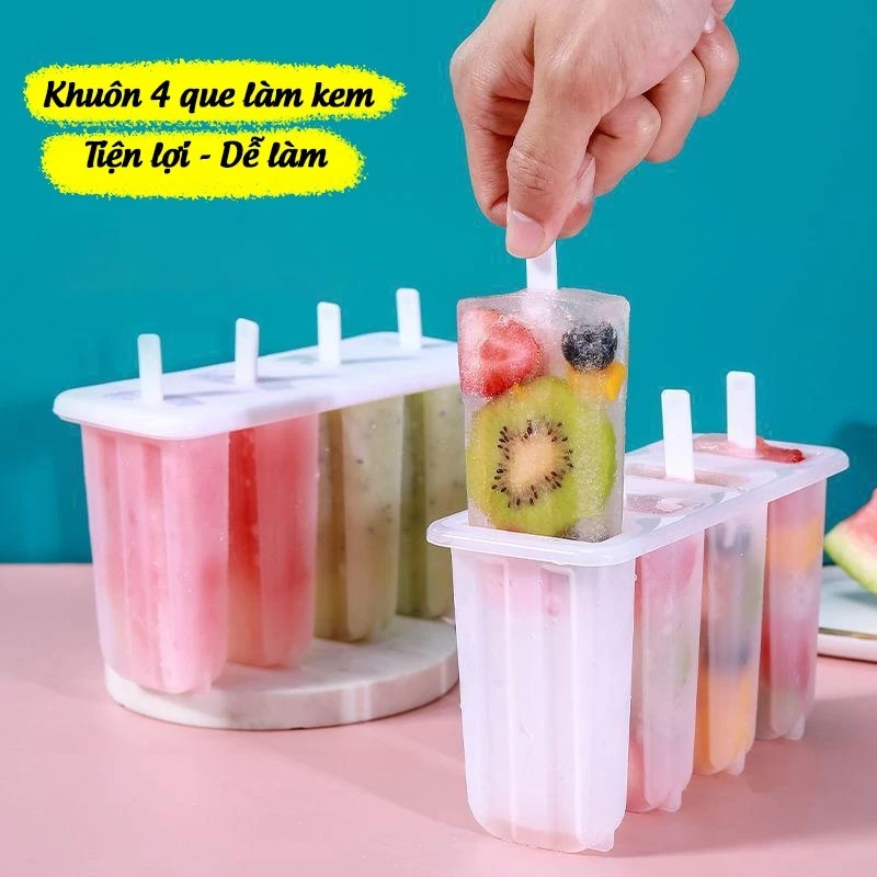 🏵️🏵️1 Bộ 4 Khuôn Làm Kem Que Bằng Nhựa Cấp Thực Phẩm/Khuôn làm kem que làm đá 4 ngăn tại nhà dung tích lớn tiện lợi 11cm