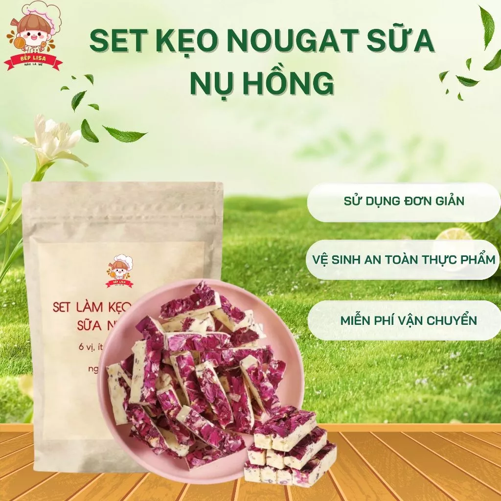 Set nguuyên liệu kẹo nougat vị sữa nụ hồng - Kèm giấy gạo, giấy nến, giấy gói kẹo ( Không kèm bơ )