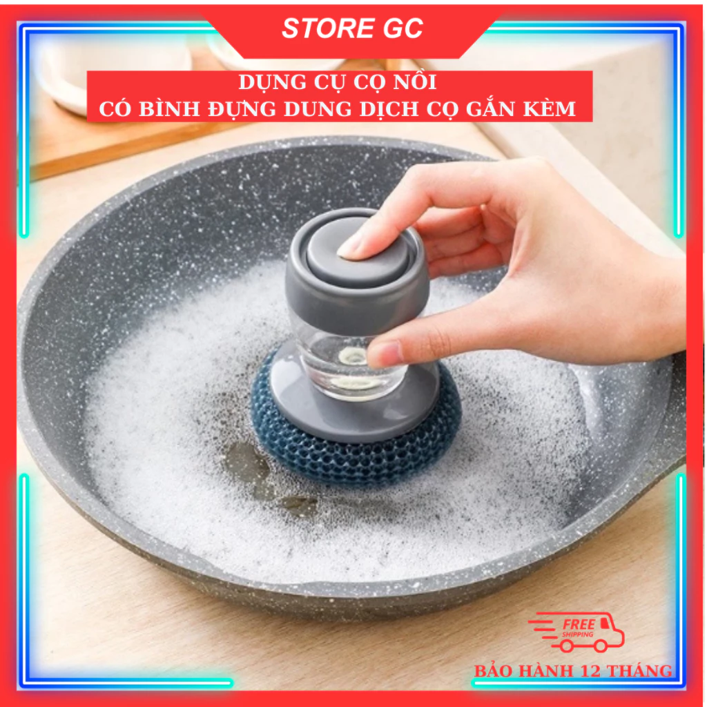 Dụng Cụ Cọ Rửa Xoong Nồi, Rửa Bát Đĩa Có Tay Cầm Kèm Bình Chứa Xà Phòng Tiện Lợi