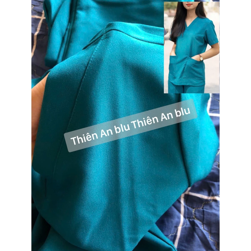 Bộ Scrubs - màu xanh Cổ vịt vải Cotton Hàn - bác sĩ, blouse cổ tim, đồng phục điều dưỡng, spa, thẩm mỹ viện, dược sĩ.