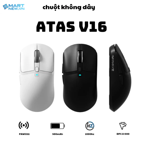 Chuột không dây gaming ATAS V16 - 3 chế độ kết nối- Pin 500mAh - Có app - DPI 22000 - Chip PAW3311
