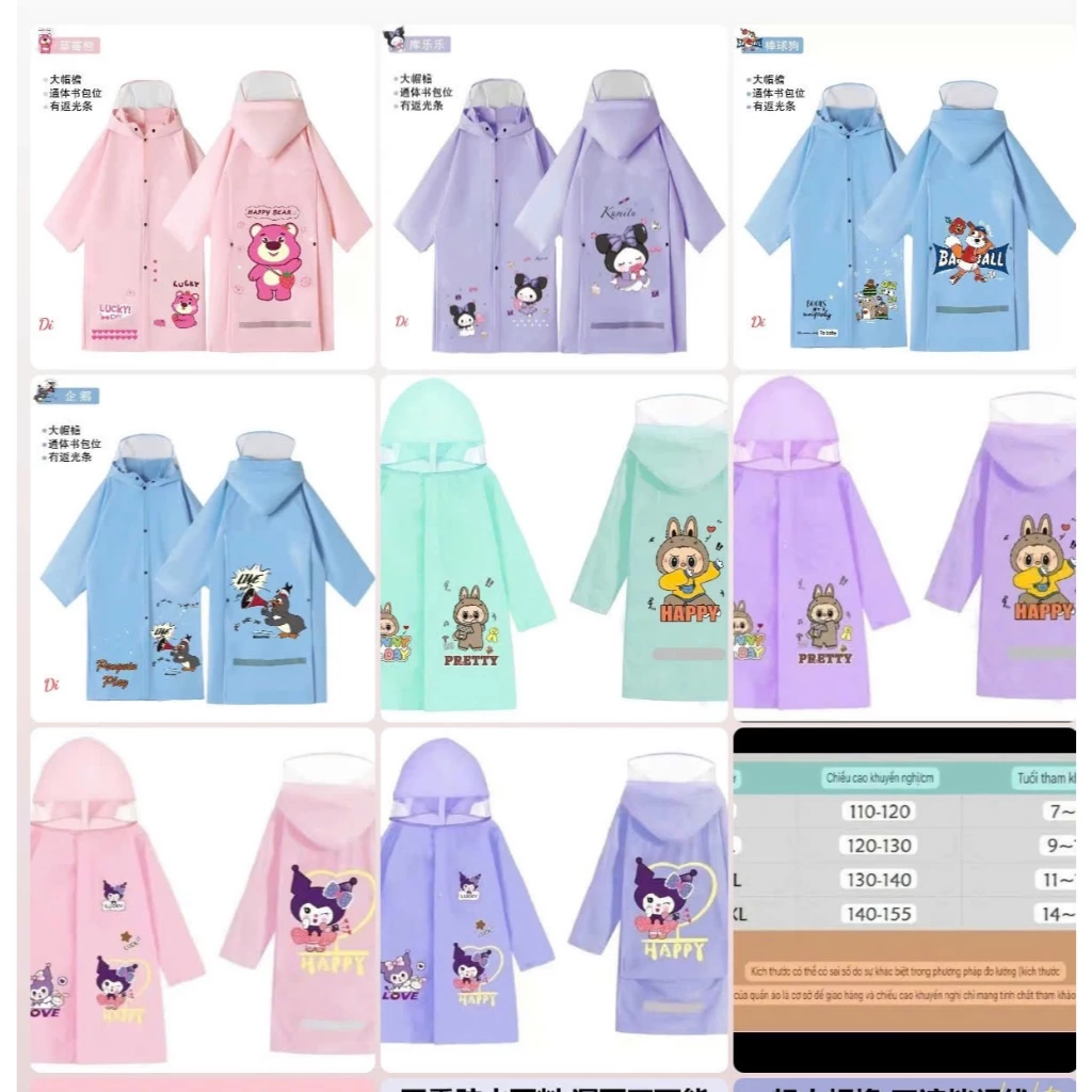 Áo mưa cho bé Moon kids từ 5- 16 tuổi họa tiết hoạt hình kurumi chống thấm nước có khoang balo đi học cho bé