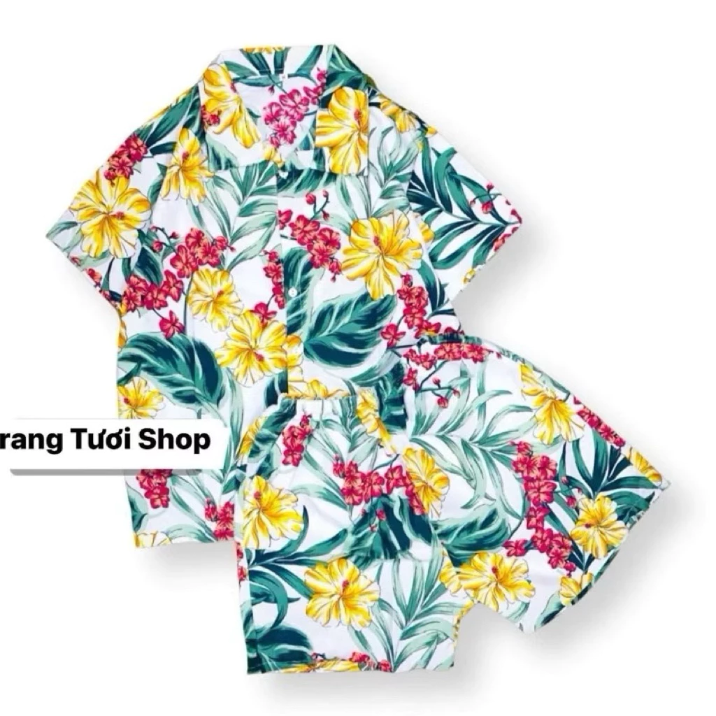 Quần áo đi biển mẫu bông but chất vải kate thái mềm mại , bộ đi biển cây dừa, bộ đi biển cho gia đình nhóm đủ size