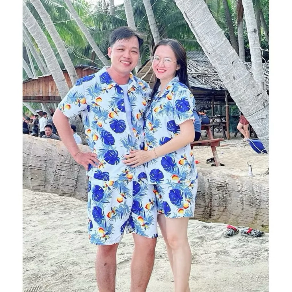Quần áo đi biển mẫu đào trắng chất vải kate thái mềm mại , bộ đi biển cây dừa, bộ đi biển cho gia đình nhóm đủ size