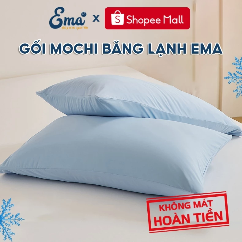 Gối ngủ Mochi băng lạnh EMA vỏ băng lạnh cao cấp, ruột gối lông vũ nhân tạo Microfiber siêu êm