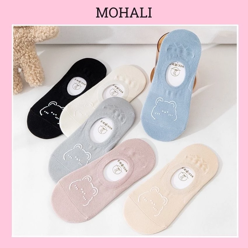 Combo 3 đôi tất lười nữ vớ icon gấu mang nữ dưới mắt cá có silicon chống tuột cotton kháng khuẩn MOHALI VL003