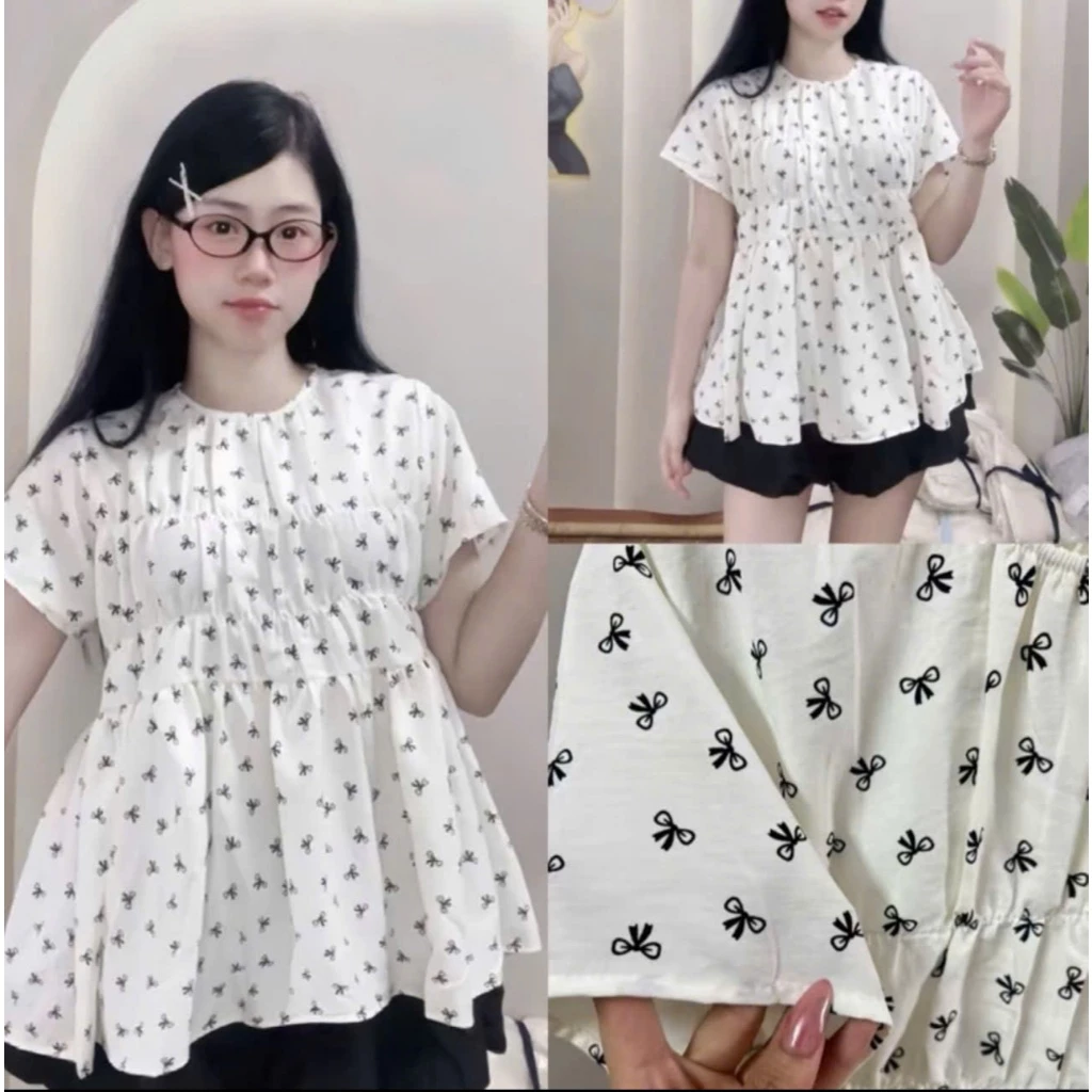 Set babydoll nơ cộc tay thô lụa xinh xắn - Bộ đồ hè váy bí áo kiểu bánh bèo tiểu thư màu trắng mặc đi biển ulzzang