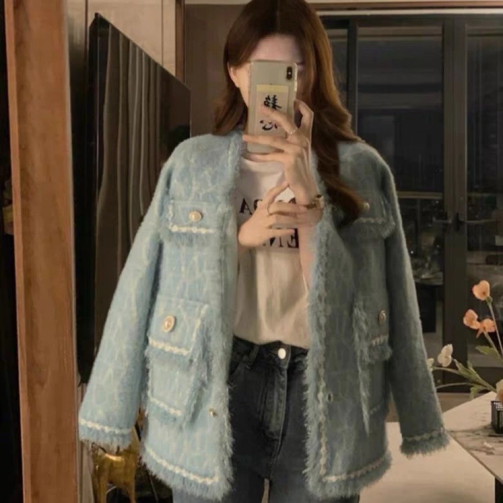 Áo khoác lông nữ dáng ngắn Hàn Quốc thời trang thu đông – Áo tweed lông mềm có túi hộp nút sang trọng