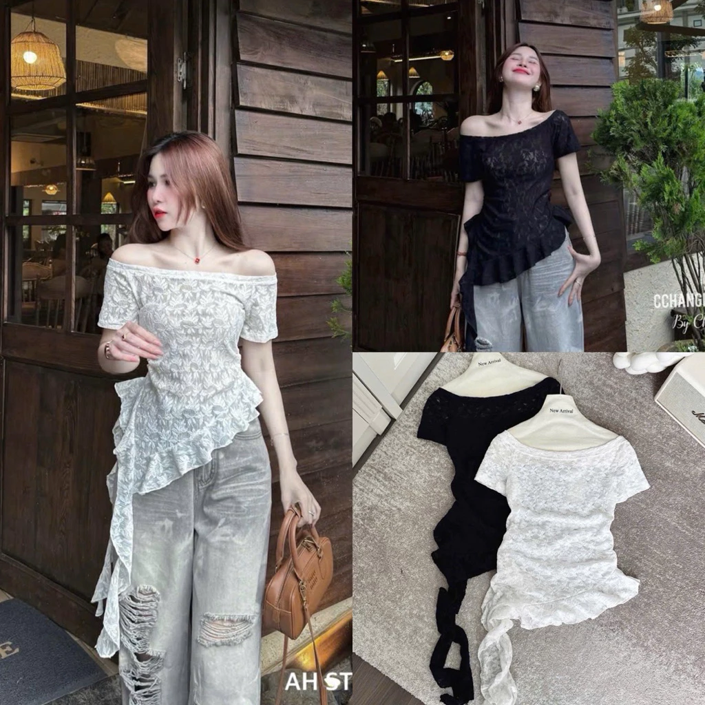 Áo Ren Lưới Trễ Vai Họa Tiết Lá Liễu Bèo Hottrend Tua Rua AH2394