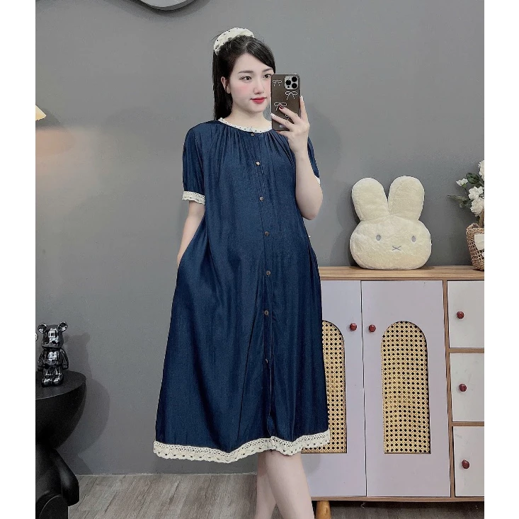 (Đủ size đến 100kg)Váy bầu Bigsize chất bò lụa phối ren