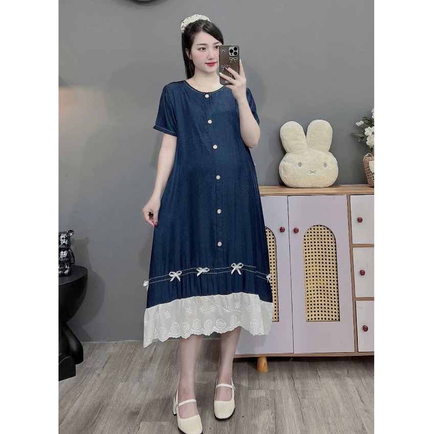 (Đủ size đến 110kg)Váy bầu,đầm bầu dáng dài chất bò lụa phối chân ren