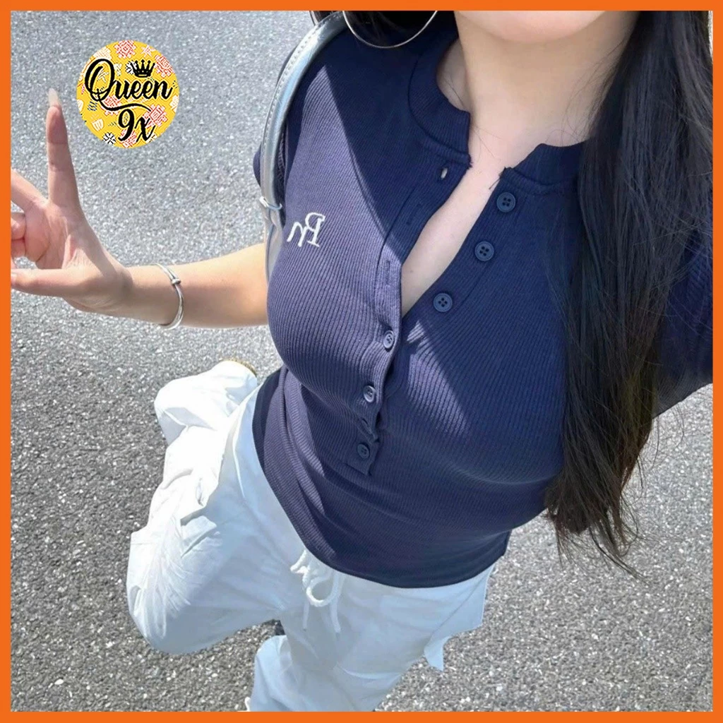 Áo kiểu babytee croptop nữ 6 cúc tôn dáng màu xanh than RN dễ thương
