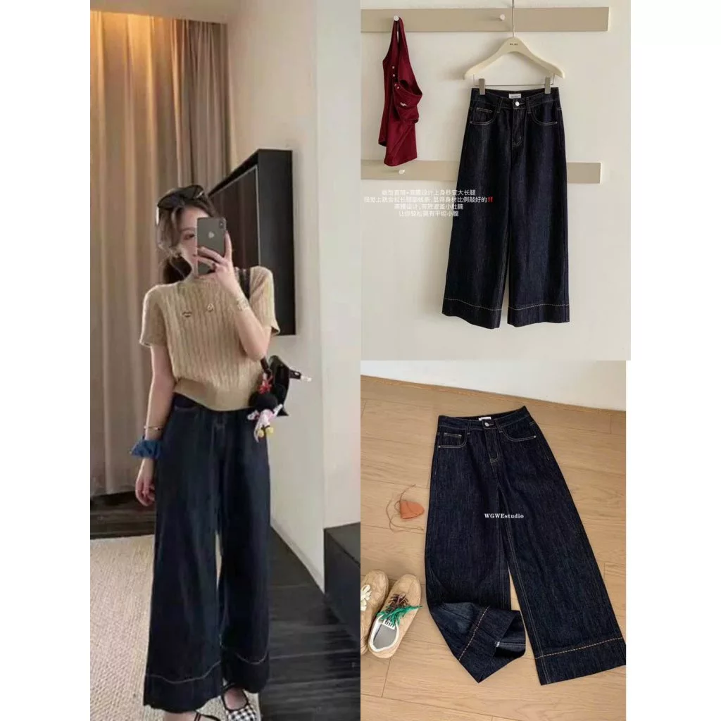Quần Bò Jeans Nữ Ống Rộng, Quần Bò Denim Suông Ống Rộng Xanh Đậm Phối Chỉ Nổi Gấu To 6cm Cạp Cao Siêu Hách Dáng Cực Đỉnh