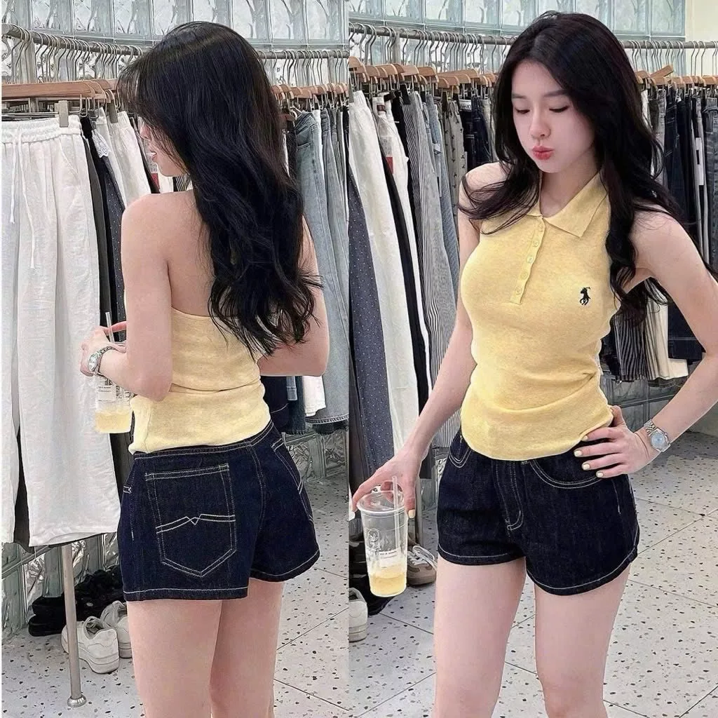 Quần Short Bò Jeans Nữ, Quần Short Denim Màu Xanh Đậm Phối Chỉ Nổi Bản Cạp Cao Siêu Hách Dáng Cực Đỉnh