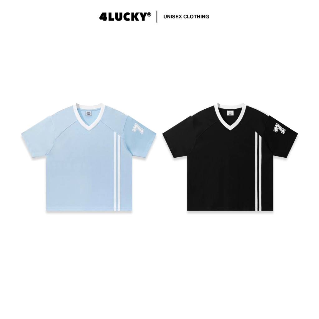 Áo Thun Unisex Cổ Chữ V Phối Viền 4Lucky 6424, Áo Thể Thao Form Boxy Vải Cotton Thoáng Mát Nam Nữ