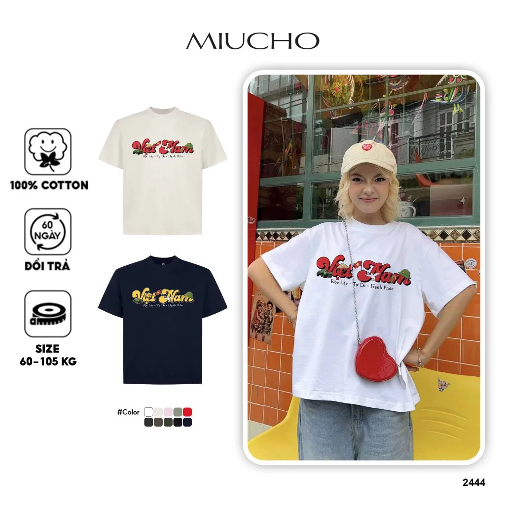Áo thun Việt Nam form boxy BST Miucho vải cotton co giãn mềm mại thoáng mát cổ tròn in mix