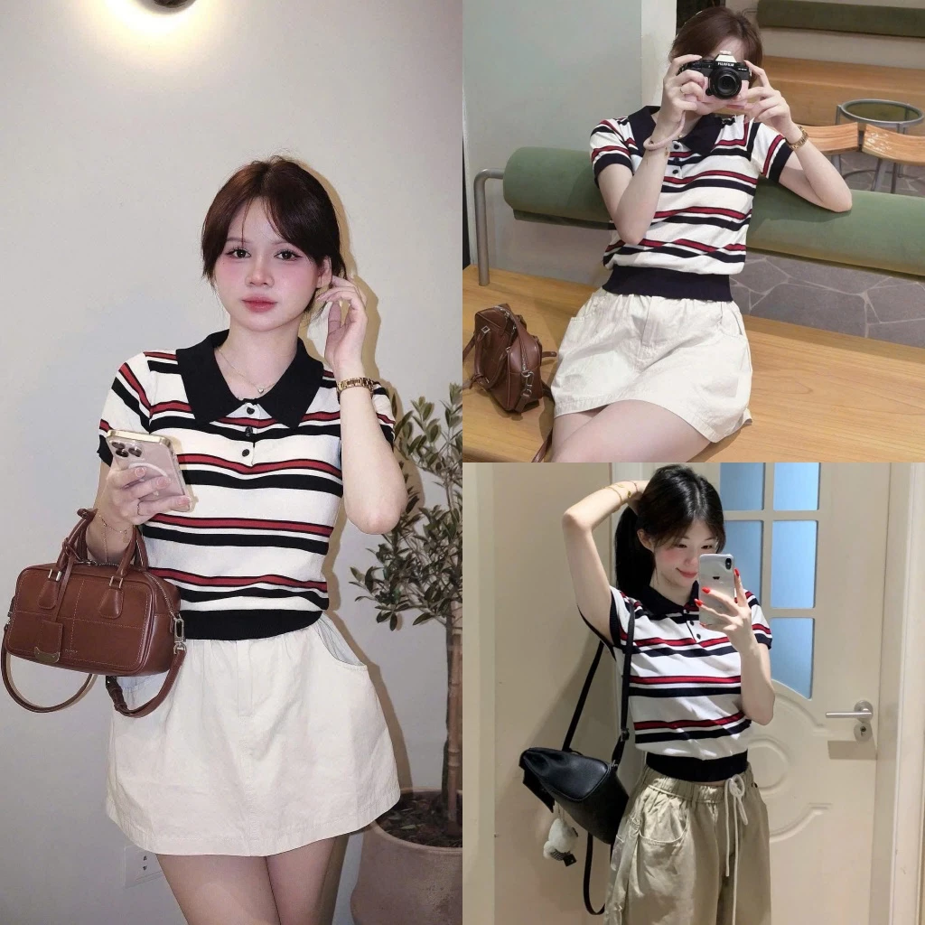 Áo len cộc cổ polo kẻ ngang dáng ngắn form ôm chất len mềm mát kẻ ngang SUMIISHOP mã QC29