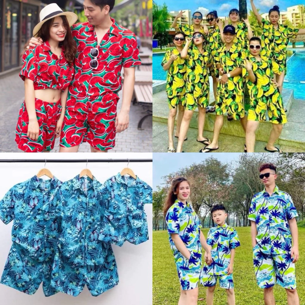 Quần áo đi biển mẫu chất vải kate thái mềm mại , bộ đi biển cây dừa, bộ đi biển cho gia đình nhóm đủ size