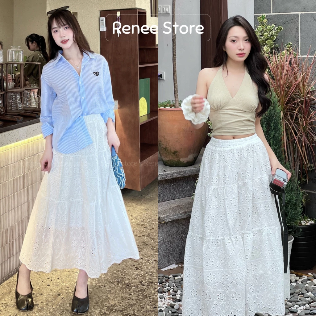 Chân váy dài trắng thêu hoa Nora, váy midi dáng xòe cạp chun viền ren Renee Store - V405