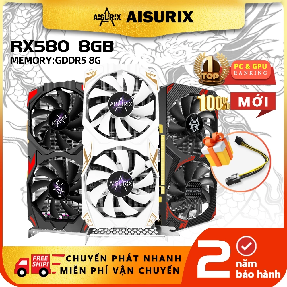 AISURIX RX580 Card màn hình VGA RX 580 8GB 100% New AMD GDDR5 PC Gaming Black Myth Wukong Office Work