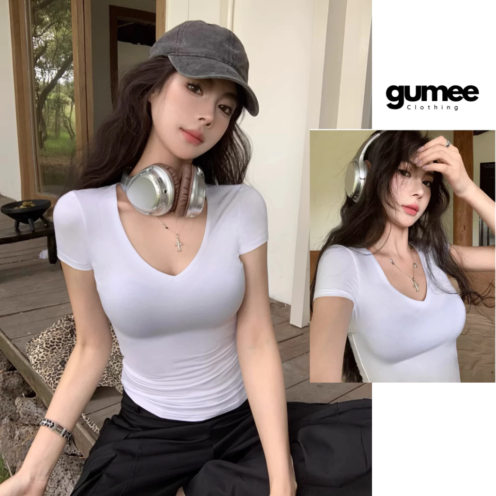 Áo kiểu nữ cổ tim không viền may 2 lớp ôm body slay tay ngắn fit dáng chất cotton mịn mặc hè Gumee- G08