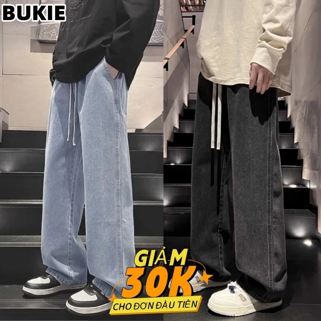 BUKIE Quần jean nam quần jean ống rộng có dây rút chỉnh eo Suông Màu mỏng nhẹ dành cho nam và nữ