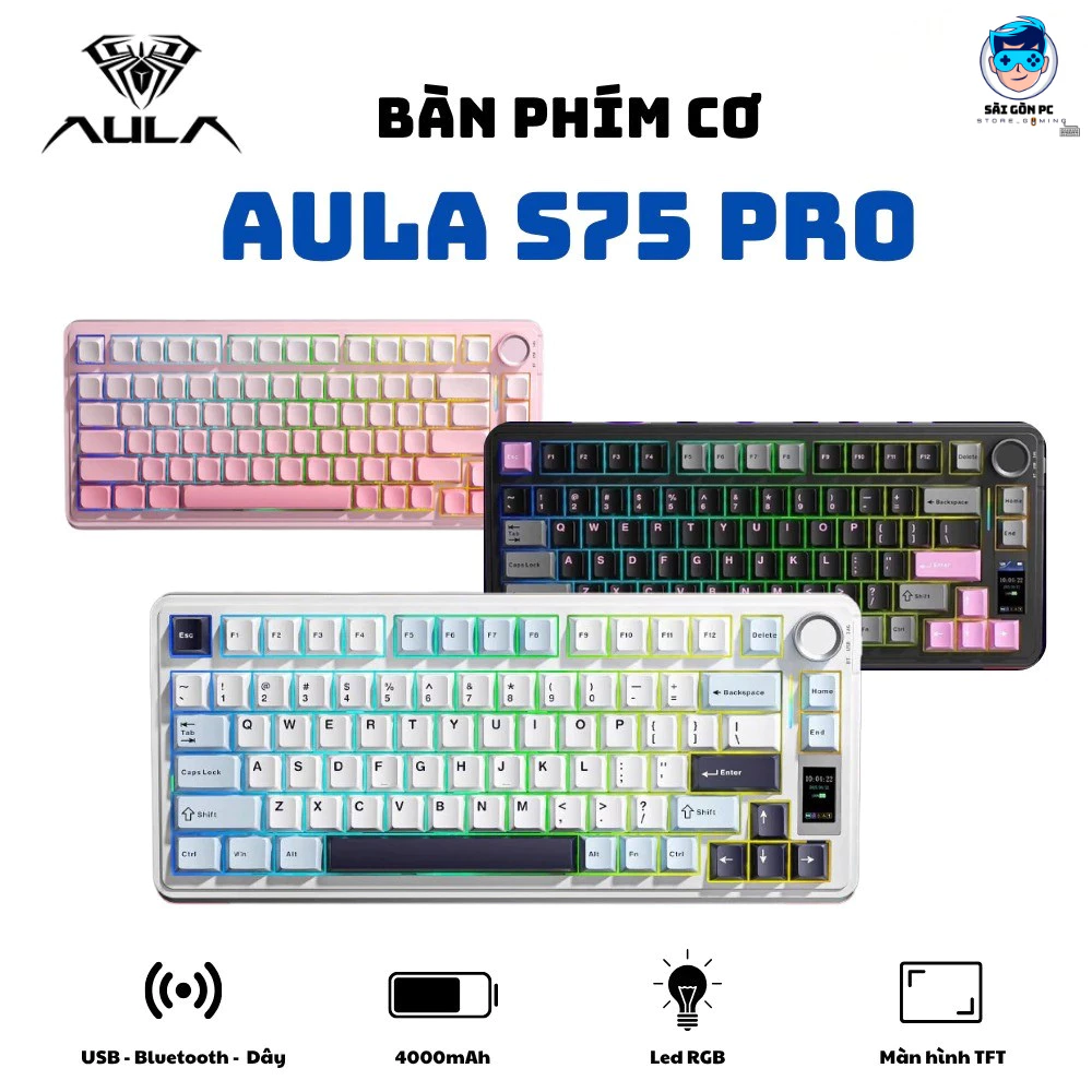 Bàn phím cơ không dây AULA S75 PRO - Màn hình TFT - 3 mode - Full foam - Led RGB - Có núm xoay