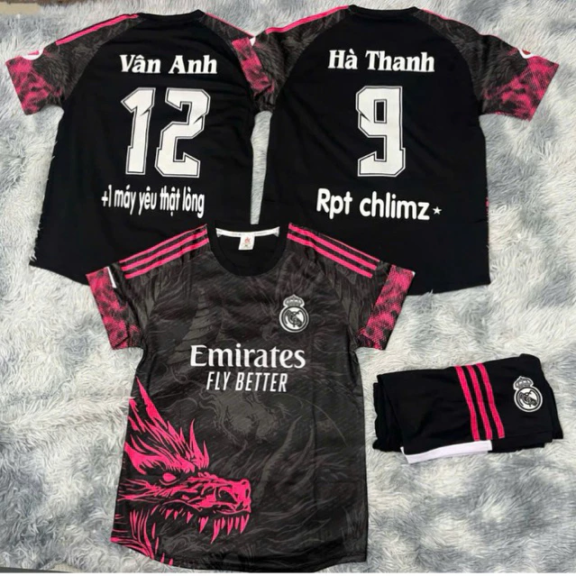 Quần Áo Đá Banh Real Rồng Đỏ (Có In Tên Số) Thun Mè Cao Cấp Logo Thêu Nam Nữ
